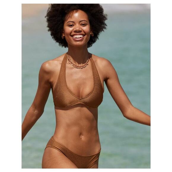 NWT Aerie Shine Rib Halter Bikini Top Horizon Brown Swimsuit Beach Surf - Picture 1 of 4